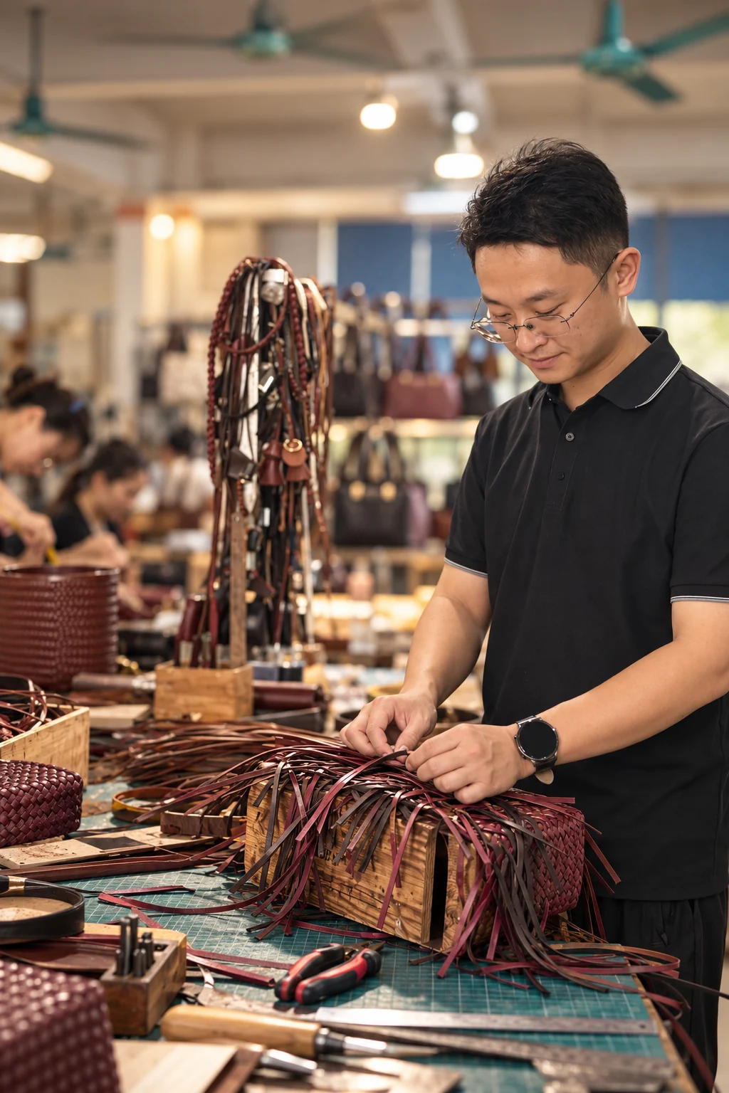 Jay working on woven leather construction at a workbench