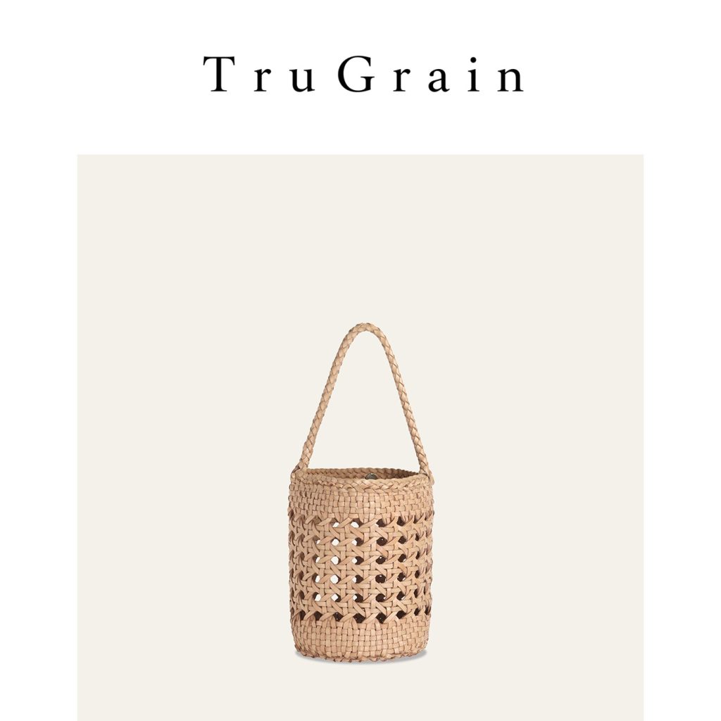 Tan and Dark Brown Handwoven Genuine Leather Bucket Bag manufacturer main view - TruGrain Style