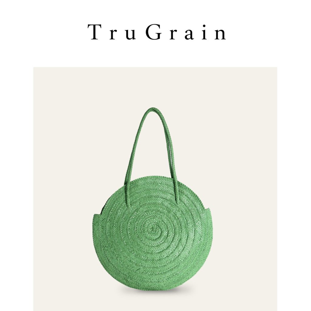Green Handwoven Genuine Leather Round Tote Bag manufacturer main view - TruGrain Style