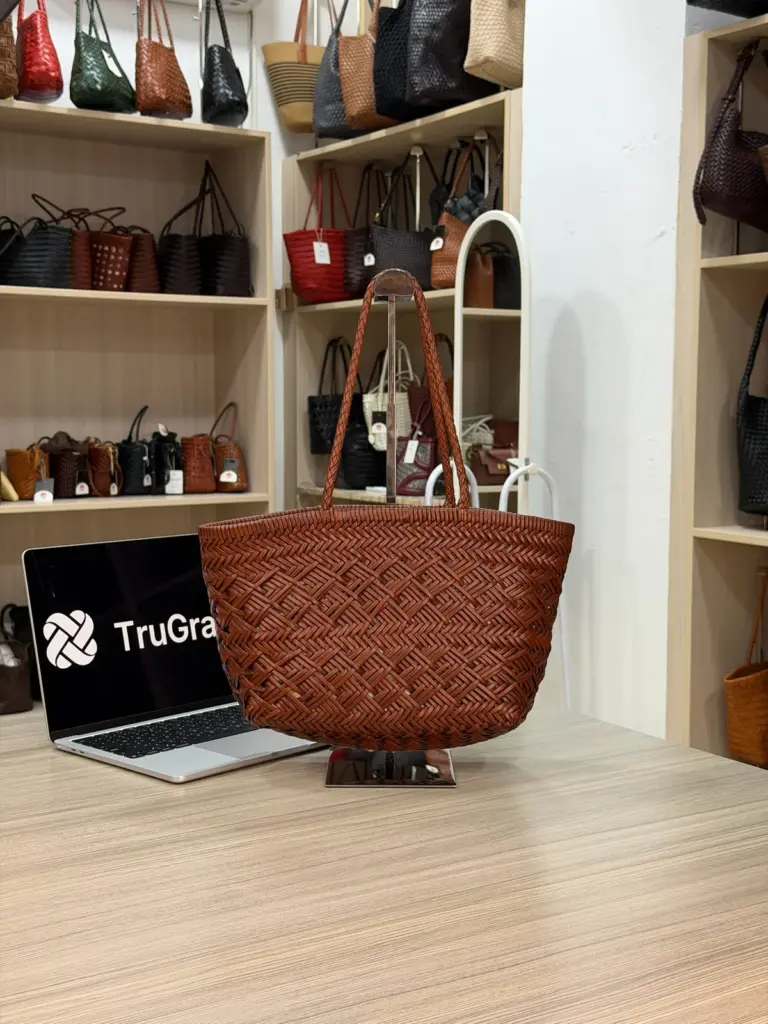 Reddish brown woven basket-shaped tote with long handles (TG-90709)