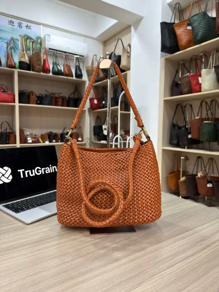 Tan woven shoulder bag with a braided handle and a coiled long strap (TG-90759)