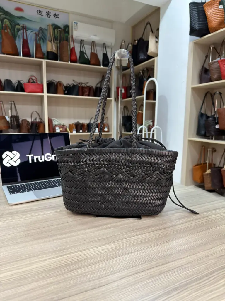 Black woven basket-shaped tote with long handles and hanging ties (TG-90797)