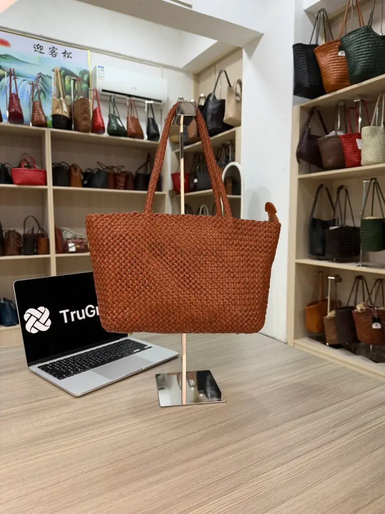 Wide tan rectangular woven tote with long handles (TG-90841)