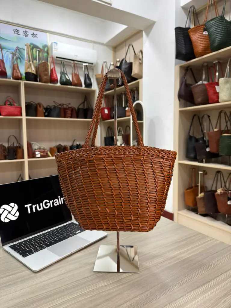 Brown basket-shaped woven tote with long handles (TG-90943)