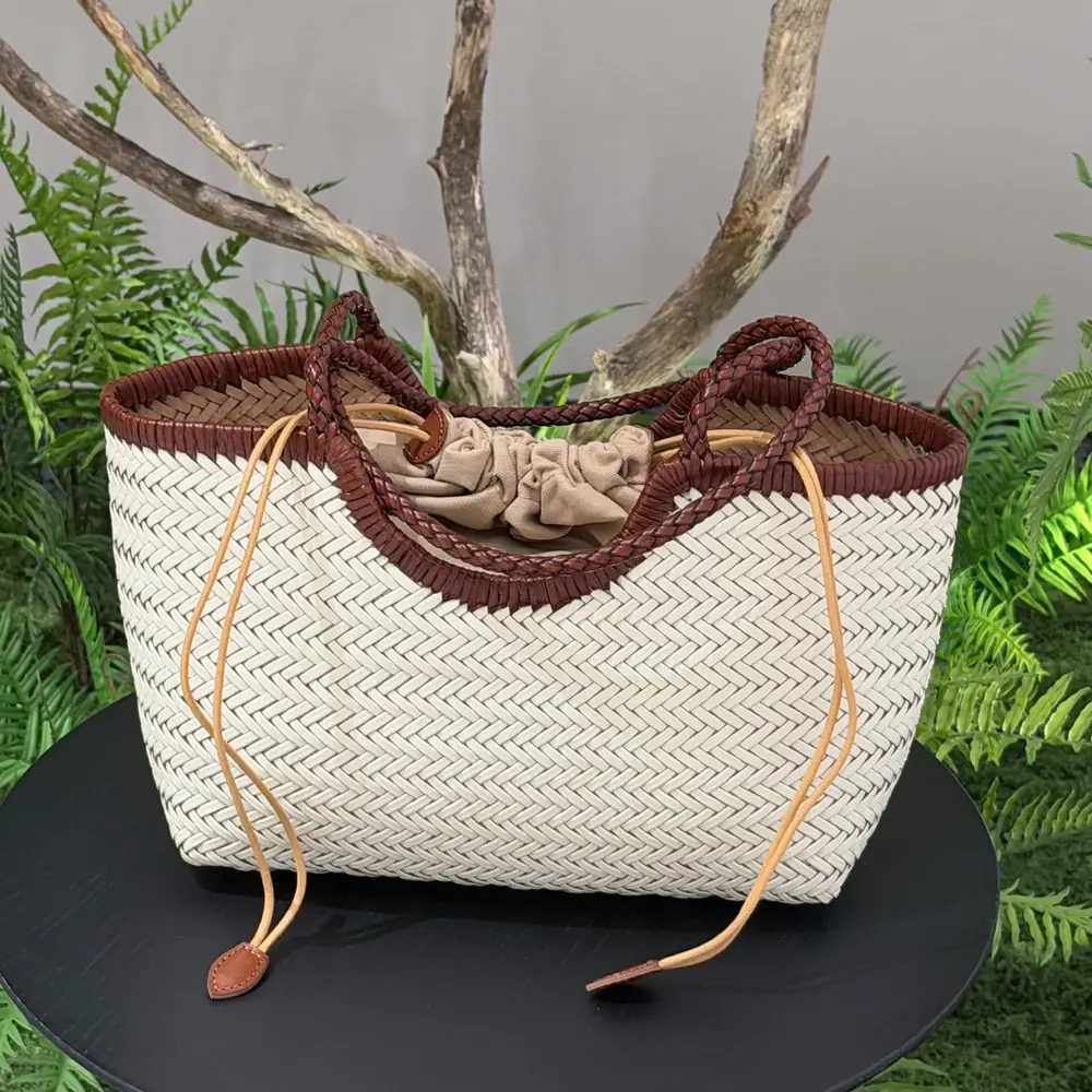 TG-90004-1 cream and brown two-tone woven leather tote with two handles and a separate fabric pouch