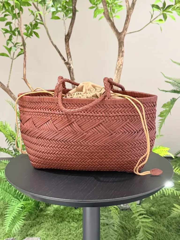 Brown mixed-weave leather tote, front view